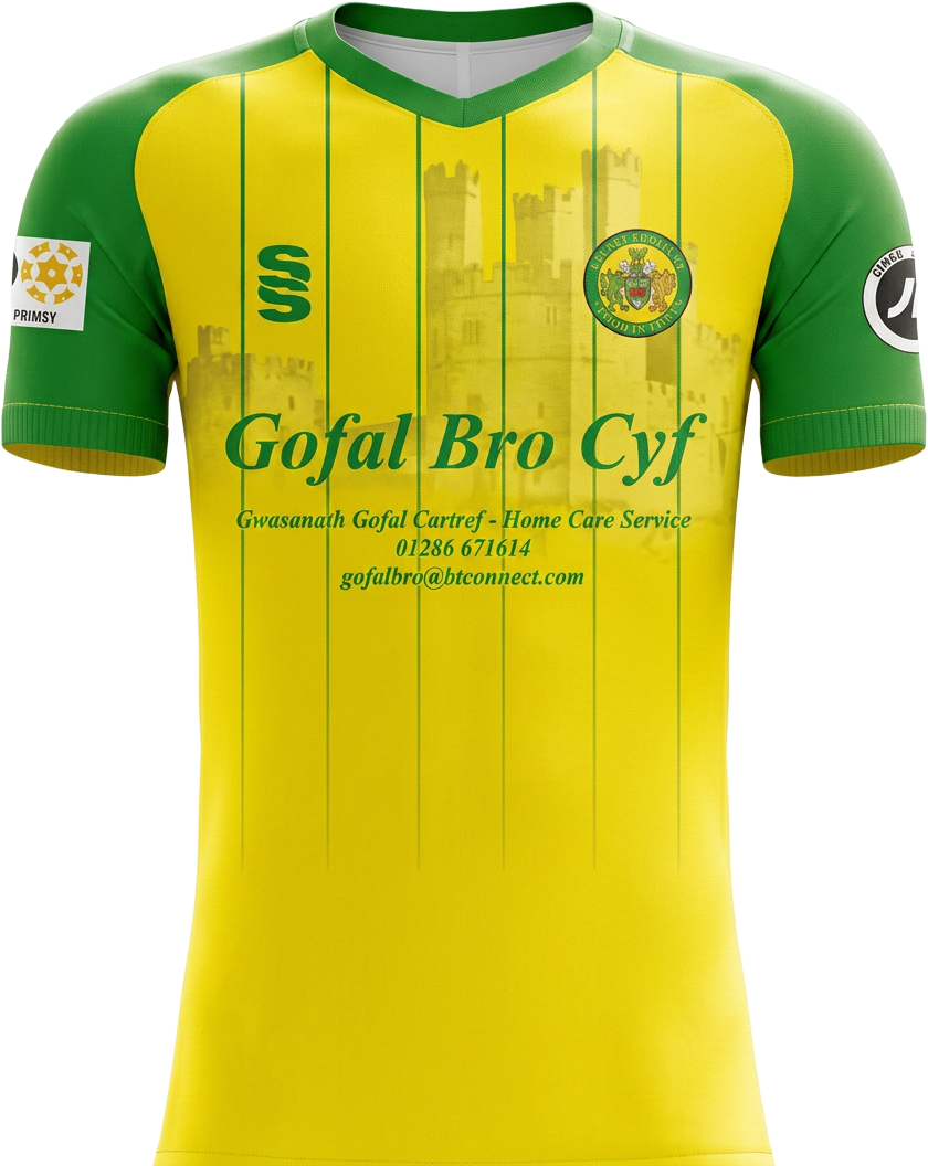Yellow and green striped Welsh football shirt